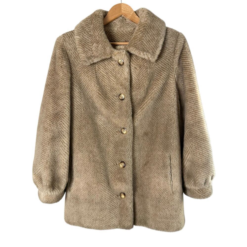 Vintage 70s Beige‎ Faux Fur Coat Style VI Ltd Collared Button Front, Sz Medium
